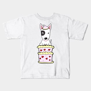 Bull terrier dog Jumping out of a cake Kids T-Shirt